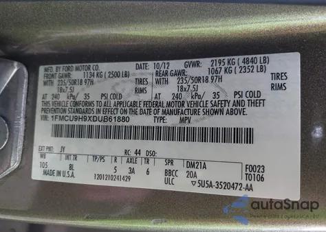 2013 Ford Escape Sel из США, поврежденный, VIN 1FMCU9H9XDUB61880